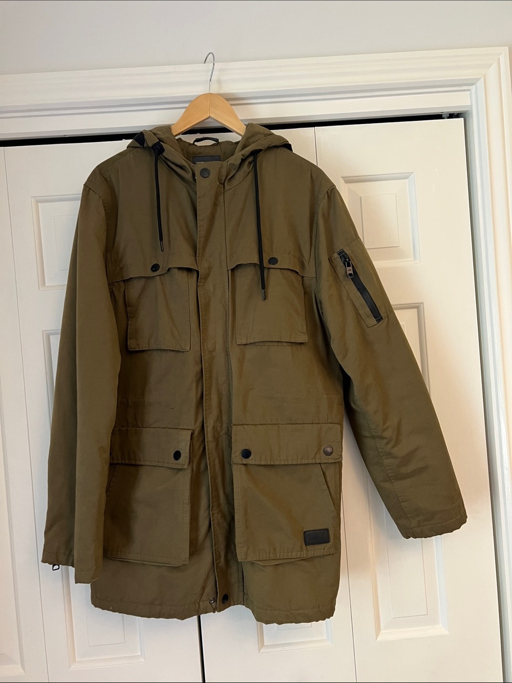 Zara Olive Hooded Field Coat with Utility Pockets
